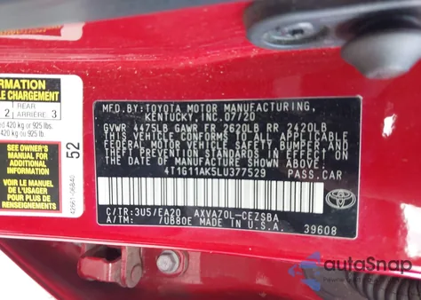 2020 Toyota Camry Se из США, поврежденный, VIN 4T1G11AK5LU377529